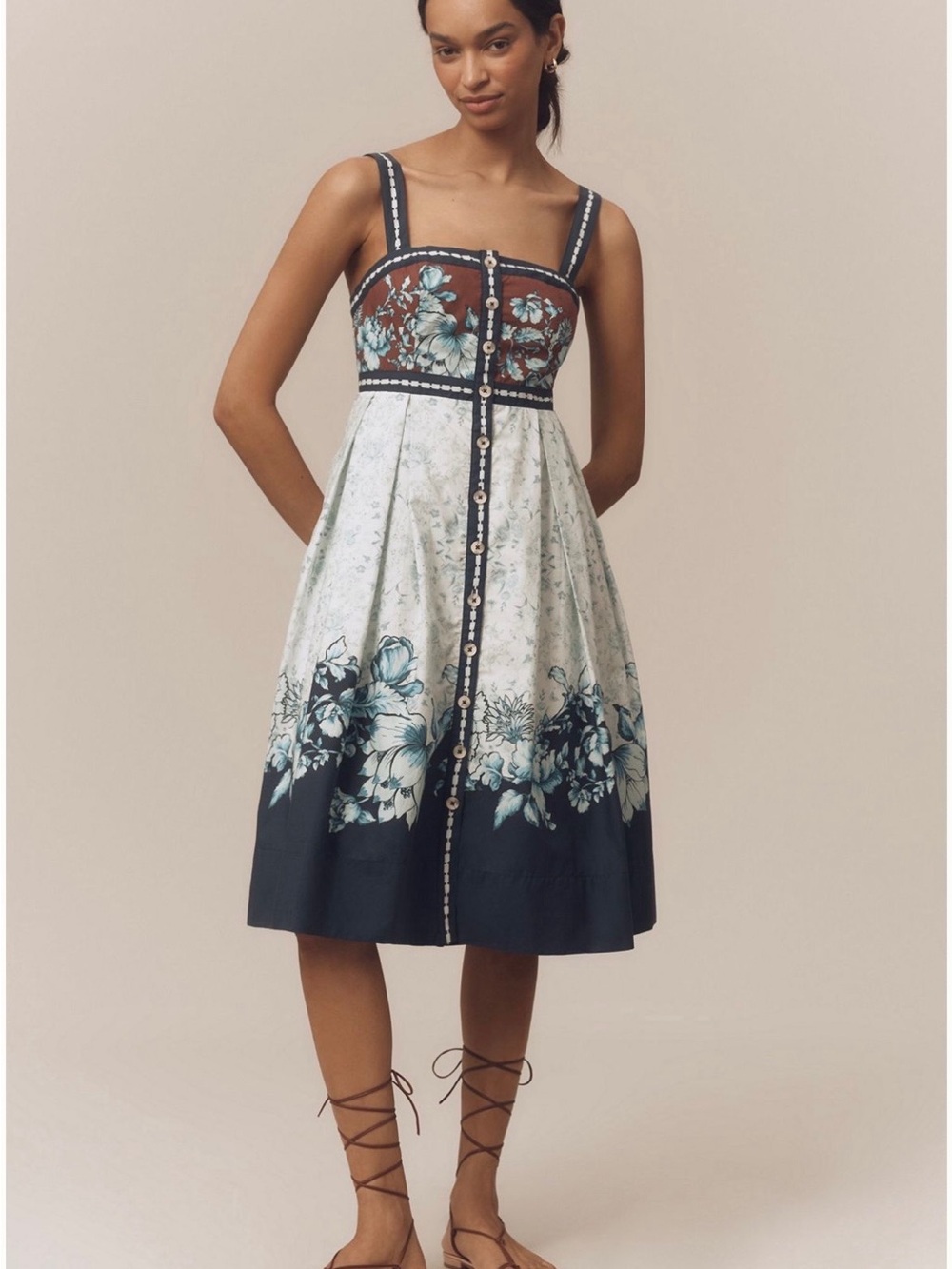Anthropologie Floral Button-Front Midi Dress in Navy, White, Teal